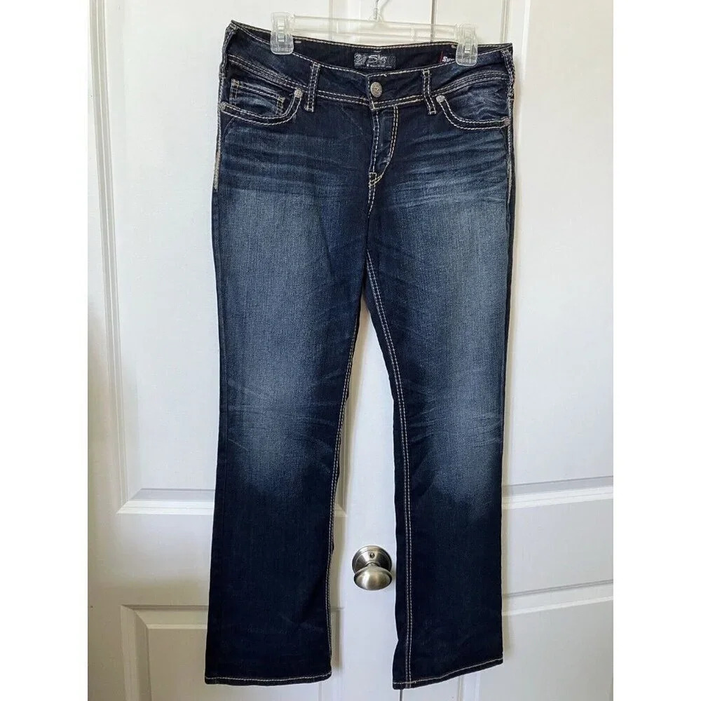 Silver Suki Mid-rise Slim Blue Bootcut Contrast Stitch Jeans 32